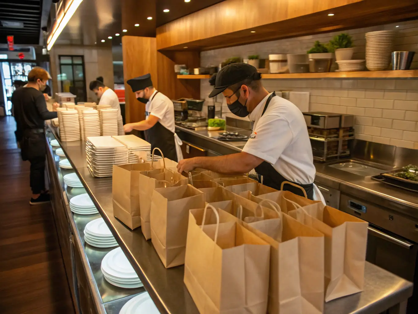 A busy restaurant kitchen with staff using U-cut carry bags to pack takeout orders.