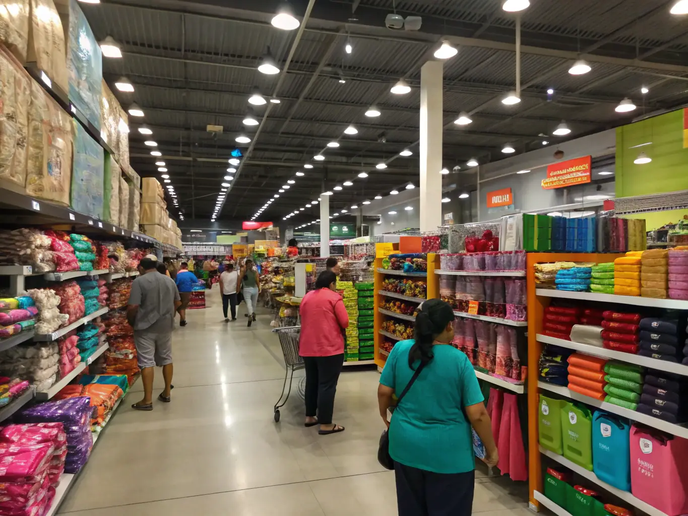 A retail store with shoppers carrying U-cut bags filled with clothing and other merchandise.