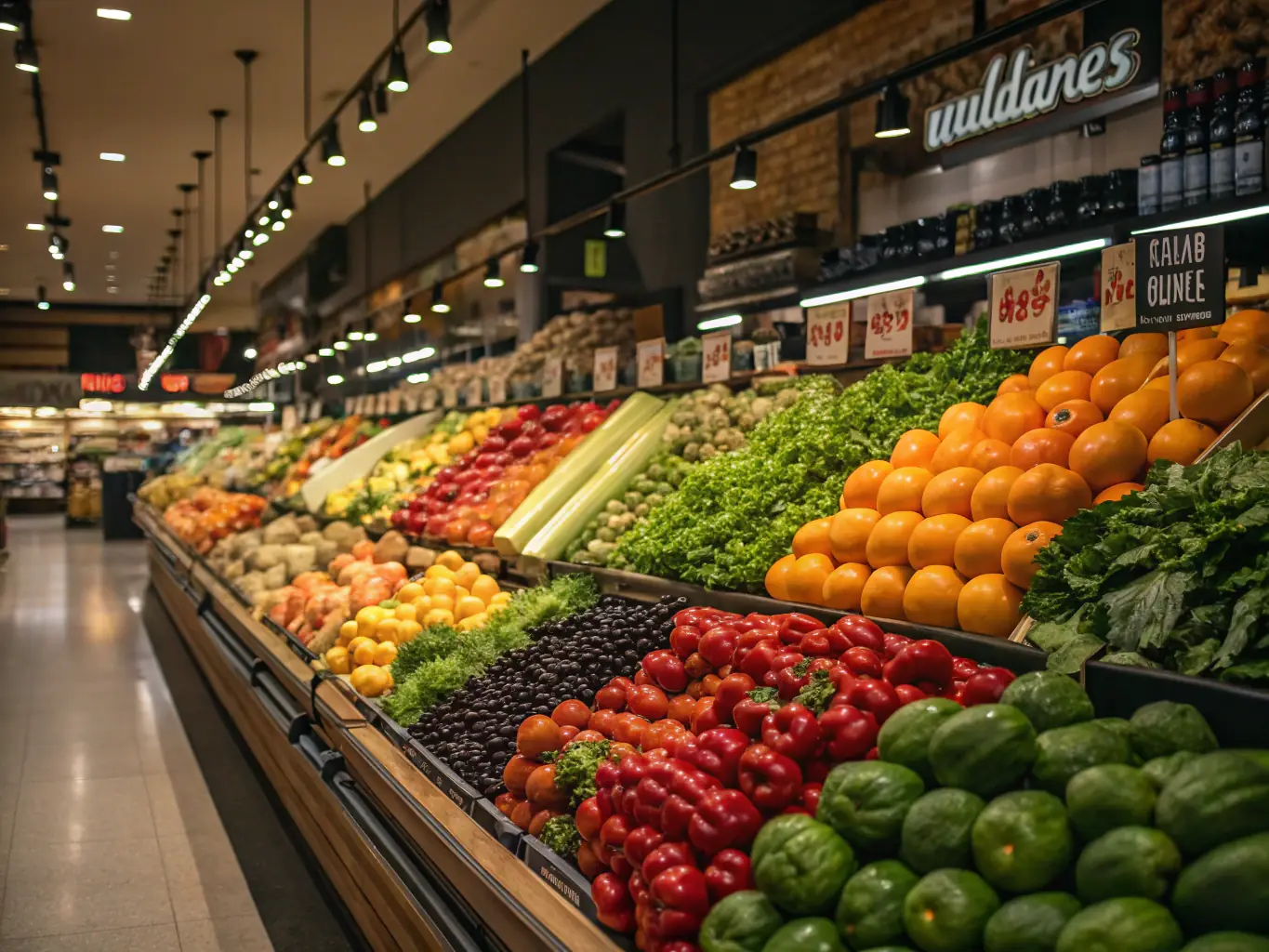 A brightly lit supermarket aisle with fresh produce and customers using U-cut carry bags at the checkout.